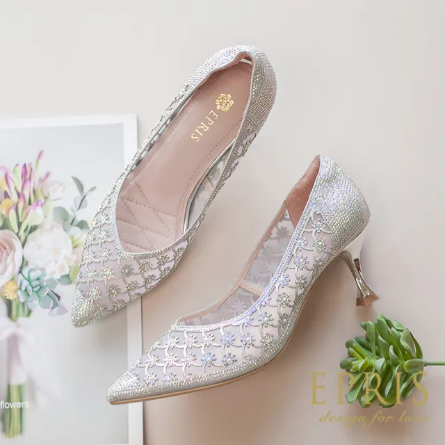 【EPRIS 艾佩絲】現貨 新娘鞋推薦 星光的祝福 簍空蕾絲水晶鞋 婚禮鞋 21-25.5-星光銀(婚鞋)