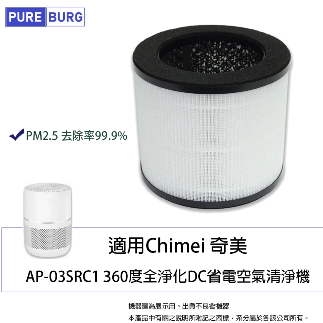 PUREBURG 適用Chimei奇美AP-03SRC1 360度全淨化DC省電空氣清淨機 副廠替換用除臭活性碳HEPA濾網