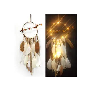 【北熊の天空】藤編田園捕夢網 壁掛 編織捕夢網帶串燈 創意藤編 手工(捕夢網 田園風 牆面裝飾 羽毛掛件)