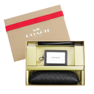 【COACH】浮雕logo馬車證件夾&筆袋禮盒組(黑)