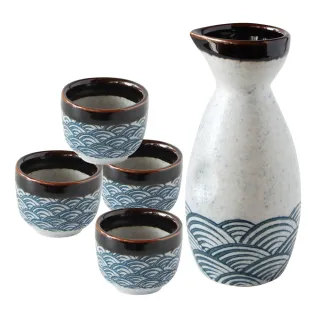 【Just Home】日式浪紋陶瓷清酒壺杯5件組(1壺4杯)