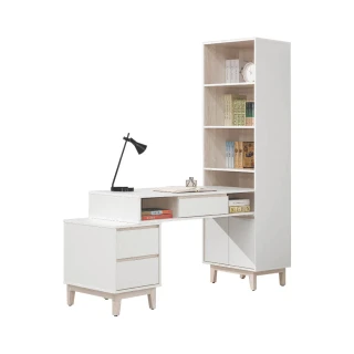 【柏蒂家居】巴克利6尺開放式書櫃+三抽伸縮書桌/L型工作桌組合-桌面可左右擺放