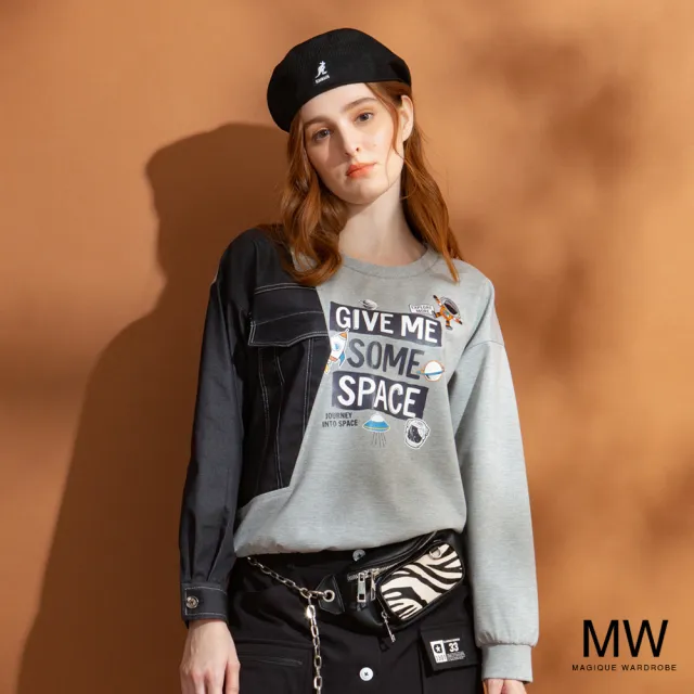 【MAGIQUE WARDROBE】仿牛仔拚接印花長袖上衣(2色)