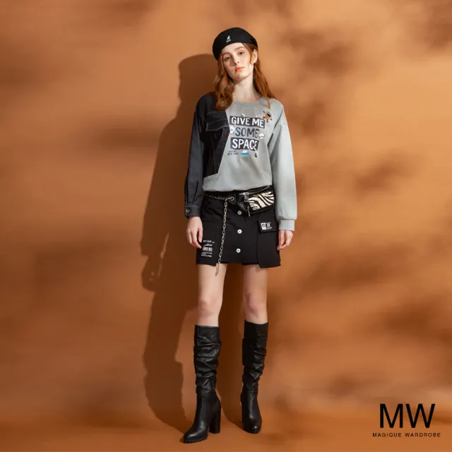 【MAGIQUE WARDROBE】仿牛仔拚接印花長袖上衣(2色)