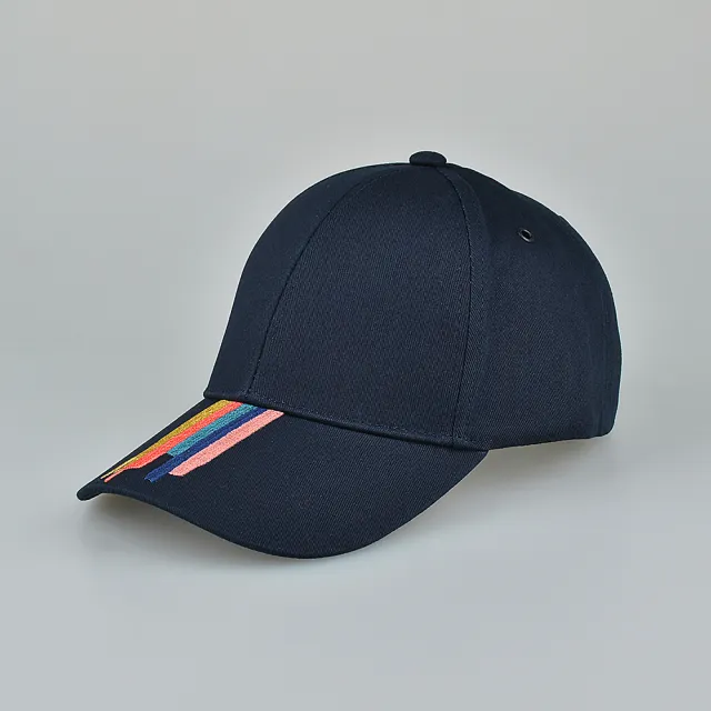 【Paul Smith】PAUL SMITH白標黑字LOGO棉質彩色刺繡條紋棒球帽(海軍藍x多色)