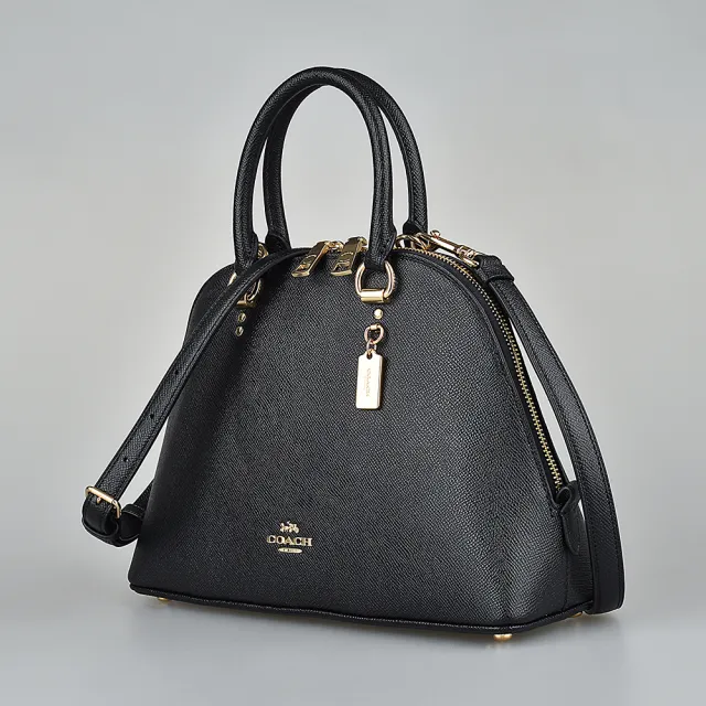 【COACH】COACH KATY金字LOGO金屬吊牌裝飾荔枝紋防刮牛皮拉鍊手提斜背貝殼包(黑)