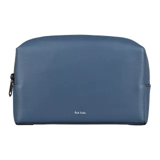 【Paul Smith】PAUL SMITH白字LOGO彩繪條紋內襯牛皮拉鍊化妝包(淺藍)