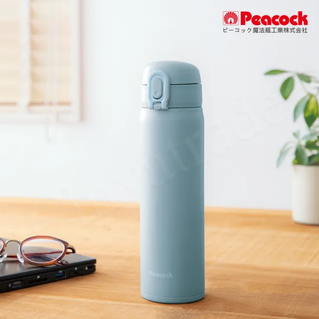 【Peacock 日本孔雀】時尚休閒 鎖扣式彈蓋 不鏽鋼保溫杯500ML-藍(直飲口設計)(保溫瓶)