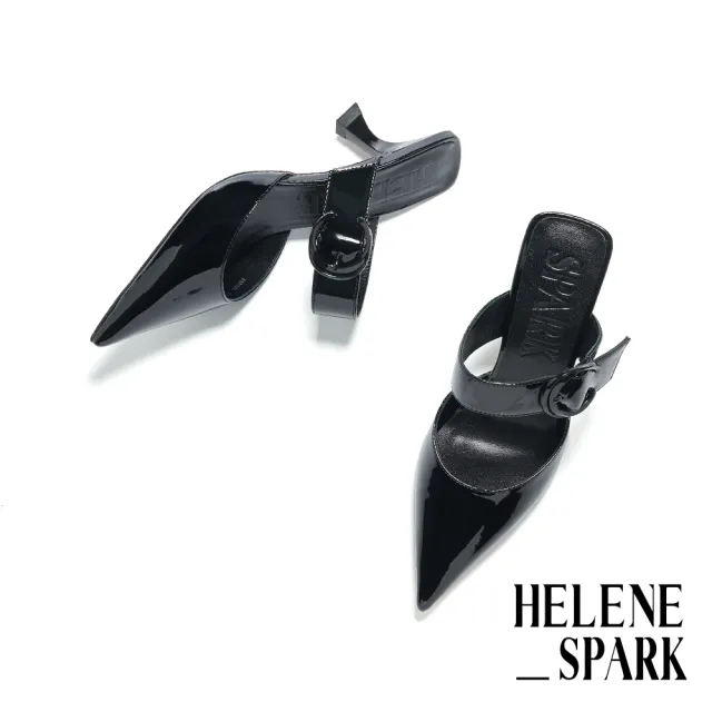 【HELENE_SPARK】時髦品味圓釦寬帶全真皮尖頭穆勒高跟拖鞋(黑)