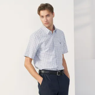 【pierre cardin 皮爾卡登】休閒服飾 男款 混棉格紋休閒短袖襯衫-藍色(5237166-37)