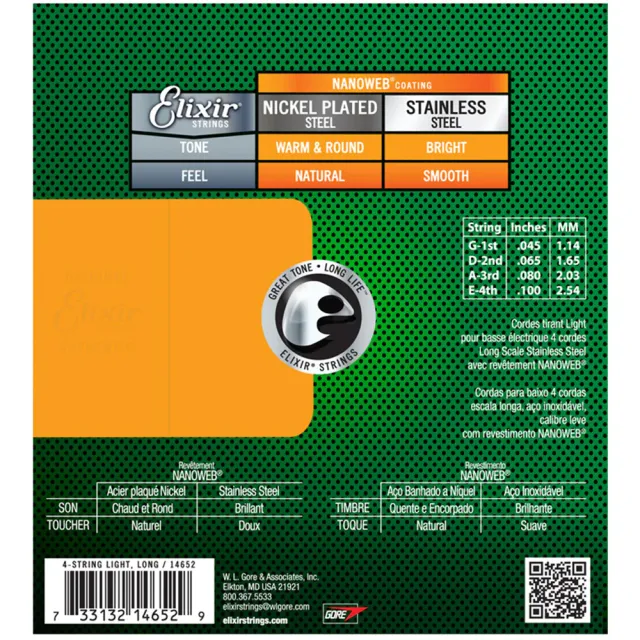 【ELIXIR】美國 ELIXIR 四弦貝斯弦  45-100  不鏽鋼 BASS(電貝士弦 4 String Bass Strings)