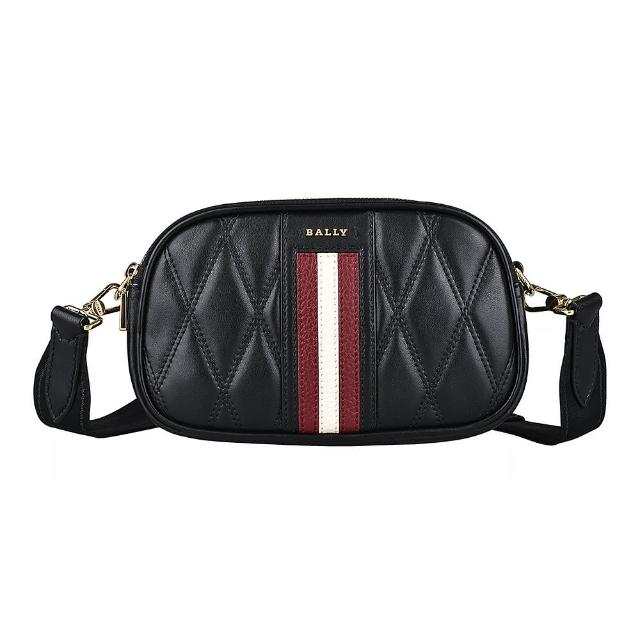 【BALLY】BALLY Denni金字LOGO菱格絎縫羊皮紅白條紋設計雙層拉鍊斜背相機包(黑)