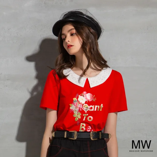 【MAGIQUE WARDROBE】蕾絲領印花短袖上衣(2色)