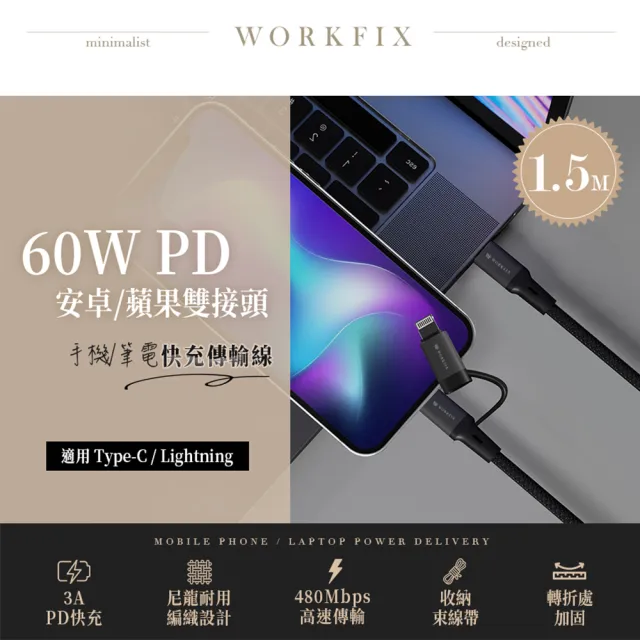 2入組【WORKFIX 渥克斯】60W Type-C/Lightning二合一編織筆電快充傳輸充電線(支援PD/1.5M)