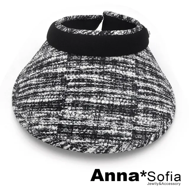【AnnaSofia】遮陽防曬空頂帽鴨舌帽-小香呢風彈性寬箍 現貨(黑系)