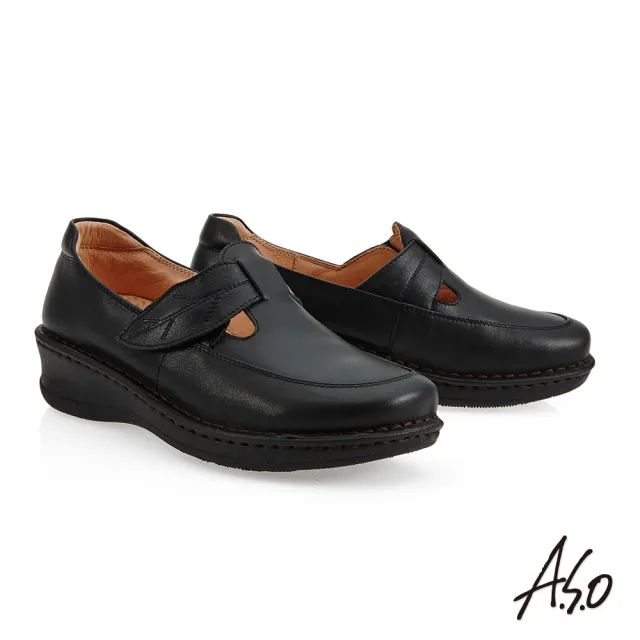 【A.S.O 阿瘦集團】健康按摩 葉子自黏帶手縫鞋(黑色)