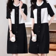 【麗質達人】1133黑白拼色假二件短袖洋裝AA(M-5XL)