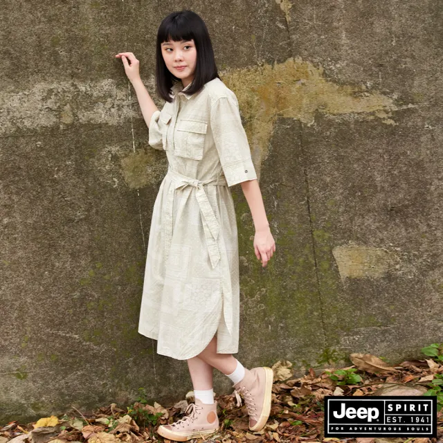 【JEEP】女裝 復古圖騰舒適休閒洋裝(米白)