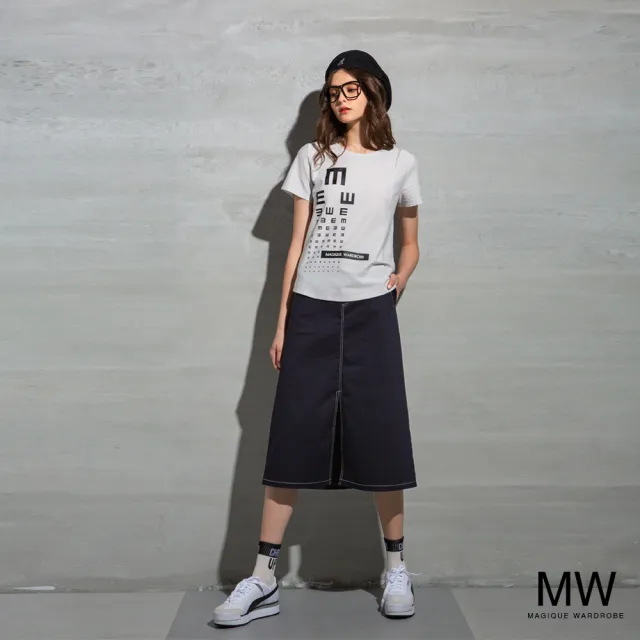 【MAGIQUE WARDROBE】網紗拼接視力印花上衣(淺灰)