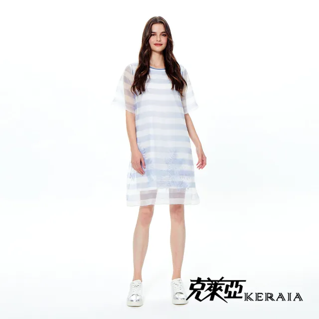 【KERAIA 克萊亞】鳶尾藍透視感刺繡配條飄逸洋裝