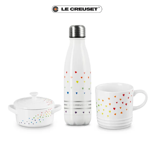 【Le Creuset】繽紛愛心白配件系列組(運動水瓶/英式馬克杯350ml/迷你圓烤盅)