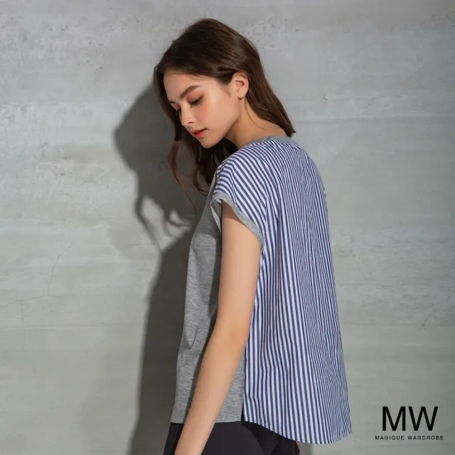 【MAGIQUE WARDROBE】圓領印花拼接條短袖上衣(淺灰)