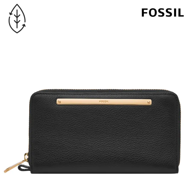 【FOSSIL 官方旗艦館】Liza 真皮拉鍊式長夾-黑色X金飾片 SL7878G001