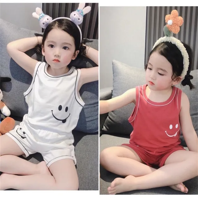 【安朵童舖】現貨韓版兒童夏季無袖休閒套裝男童時尚運動無袖上衣寶寶大笑臉背心套裝女童休閒短褲(032)