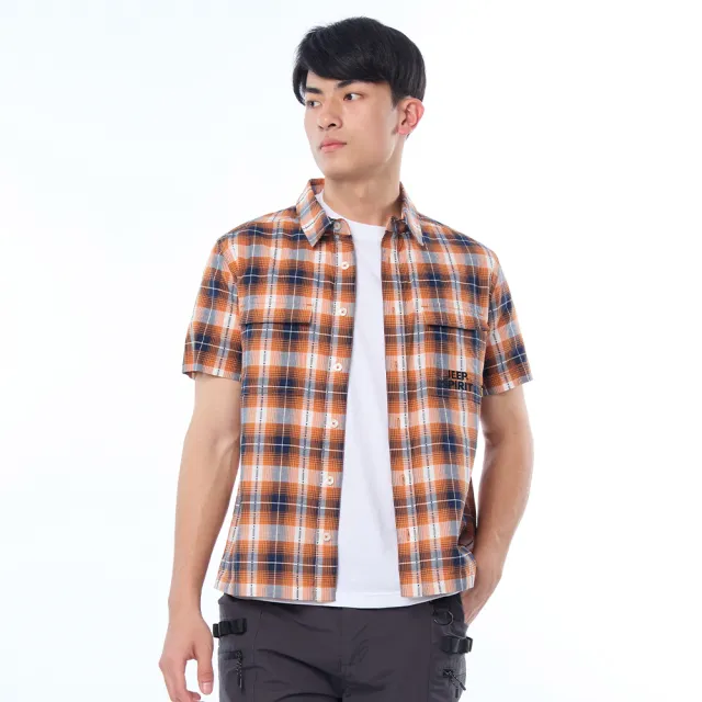 【JEEP】男裝 品牌LOGO格紋短袖襯衫(橘色)