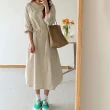 【ACheter】韓國東大門文藝氣質寬鬆顯瘦收腰純色長袖襯衫式連身長版洋裝#115764(2色)