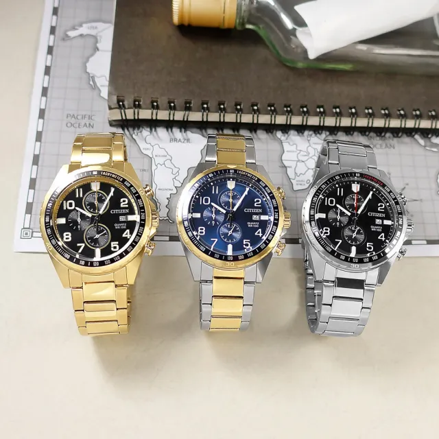 【CITIZEN 星辰】經典三眼 計時碼錶 日期 日本機芯 防水100米 不鏽鋼手錶 黑色 44mm(AN3650-51E)