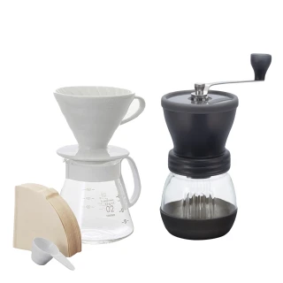 【HARIO】白色02濾杯咖啡壺組+簡約手搖磨豆機(XVDD-3012W)