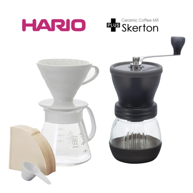 【HARIO】白色02濾杯咖啡壺組+簡約手搖磨豆機(XVDD-3012W)