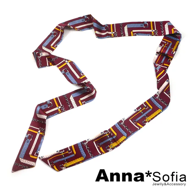 【AnnaSofia】仿絲領巾絲巾圍巾-鎖鏈色塊 長窄版緞面 現貨(酒紅系)