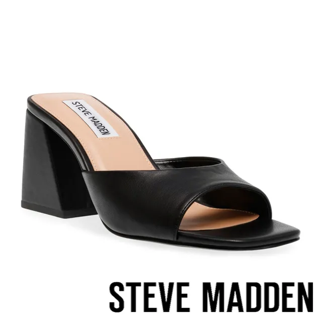 【steve madden】GLOWING 素面方頭粗跟拖鞋(黑色)