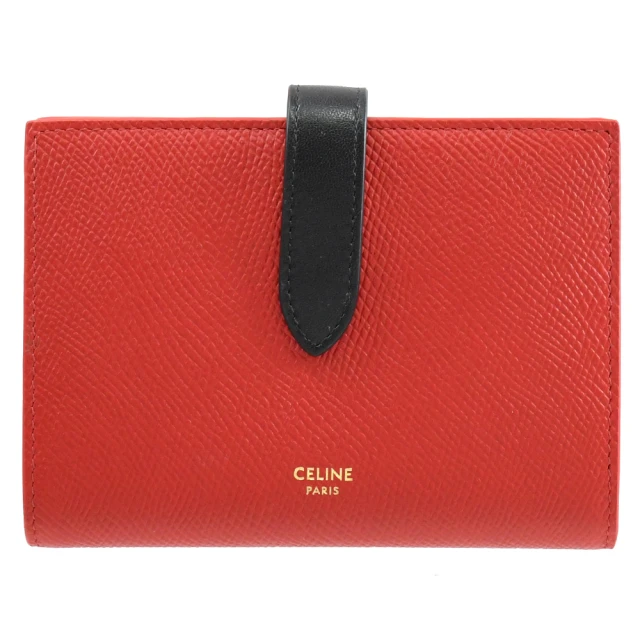 【CELINE】經典品牌燙金防刮皮革扣式寬版零錢中夾(紅黑)