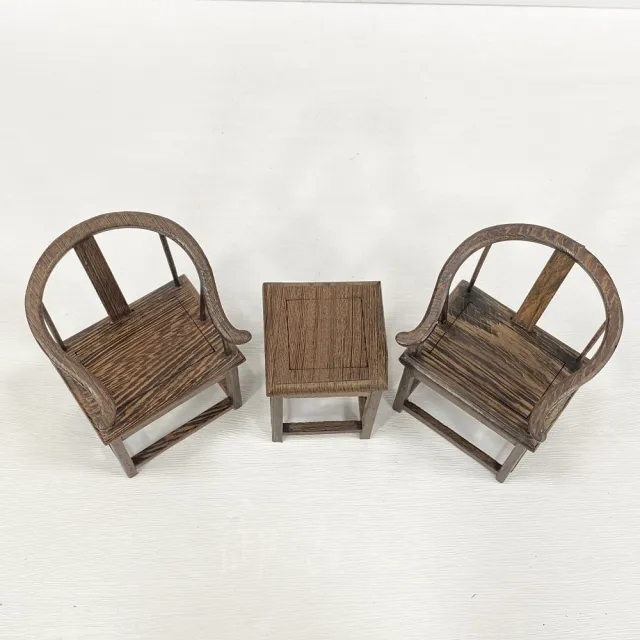 【御古齋】精選 雞翅木 小太師椅 圈椅(裝飾擺件 雕工藝品 小家具模型 桌椅模型 三件一組 0207)