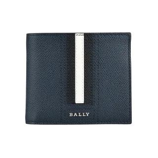 【BALLY】BALLY Tveye銀字LOGO防刮牛皮黑白條紋10卡對折短夾(新藍x黑白)