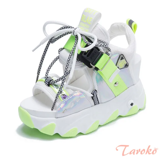 【Taroko】螢光炫色一字扣帶鬆糕厚底涼鞋(4色可選)