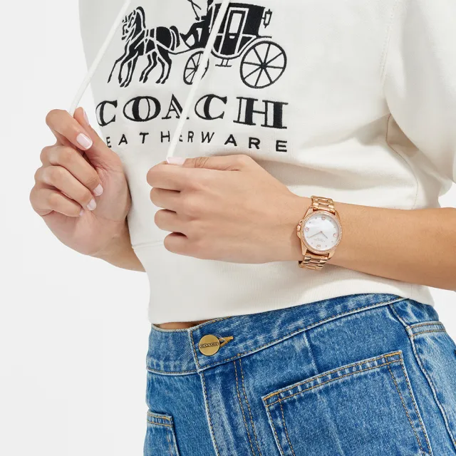 【COACH】官方授權經銷商 氣質茶花貝面晶鑽手錶-36mm/玫瑰金 畢業 禮物(14504110)