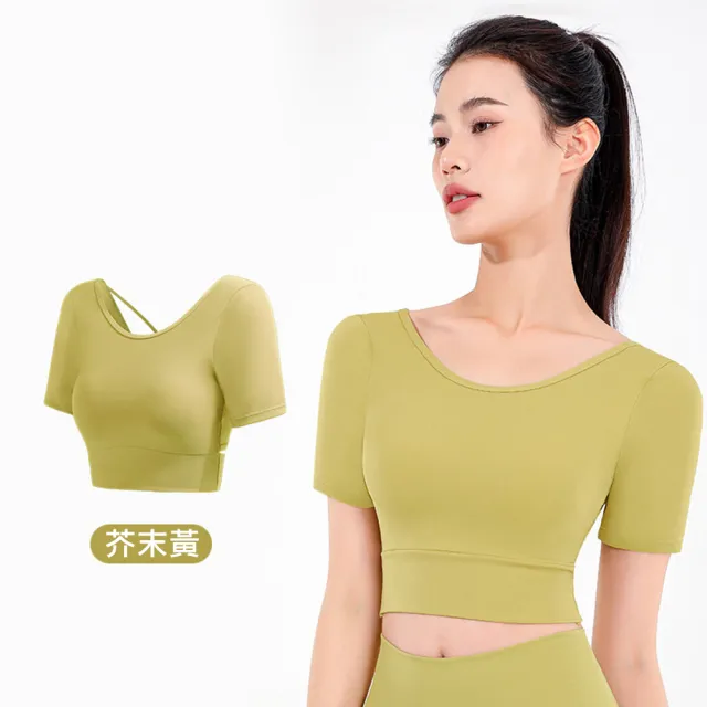 【Amhome】圓領運動上衣固定胸墊緊身T恤性感蝴蝶美背瑜伽服跑步運動健身短袖短版上衣#117240(4色)