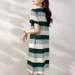 【MsMore】撞色條紋連身裙韓版休閒簡約短袖直筒顯瘦親膚中長版洋裝#117341(綠)