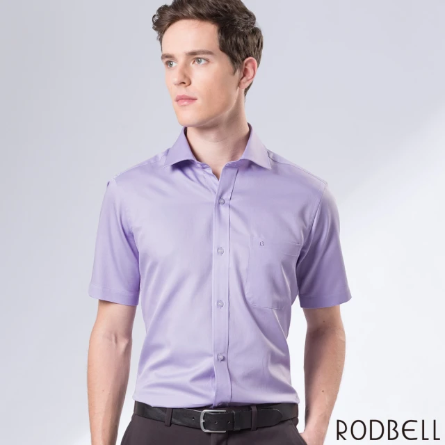 【RODBELL 羅德貝爾】紫色棉質短袖修身襯衫(舒適透氣、棉、聚酯纖維、修身襯衫)