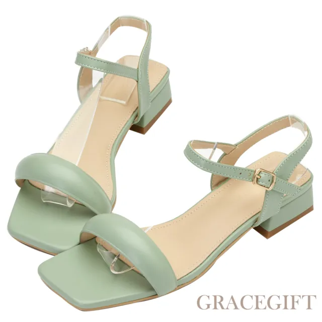 【Grace Gift】澎澎美學一字低跟涼鞋(綠)