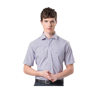 【RODBELL 羅德貝爾】黑紫條紋棉質短袖修身襯衫(舒適透氣、棉、聚酯纖維、修身襯衫)