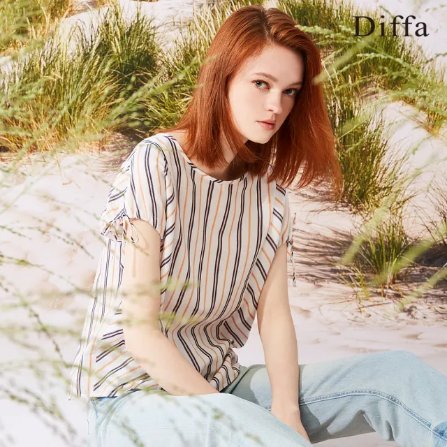 【Diffa】撞色條紋袖綁帶上衣-女