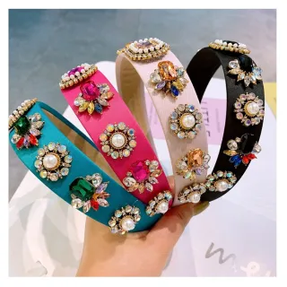 【Jpqueen】華麗鑲鑽浮誇寶石珍珠寬版髮箍(4色可選)