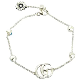 【GUCCI 古馳】925純銀-五彩寶石與花朵和雙G墜飾手鍊