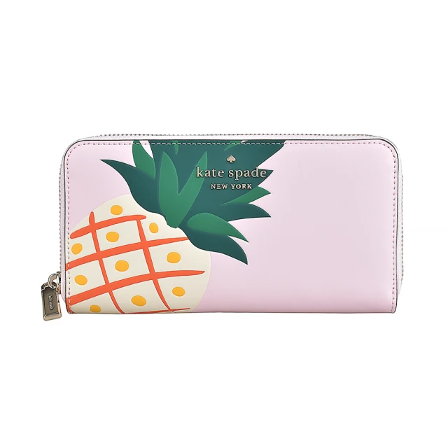 KATE SPADE Kate Spade金屬字母LOGO塗鴉鳳梨設計牛皮12卡拉鏈長夾(展示品/櫻花粉)