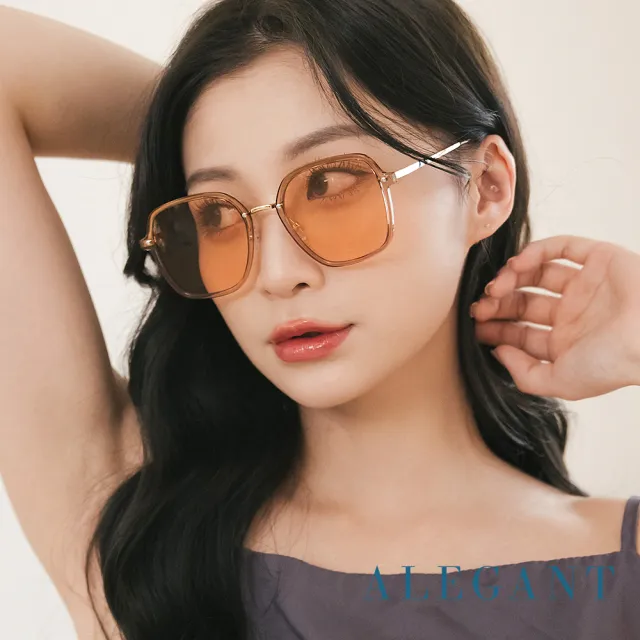 【ALEGANT】潤蜜橘韓版透視感金屬設計方框墨鏡/UV400太陽眼鏡(茶雲花田)